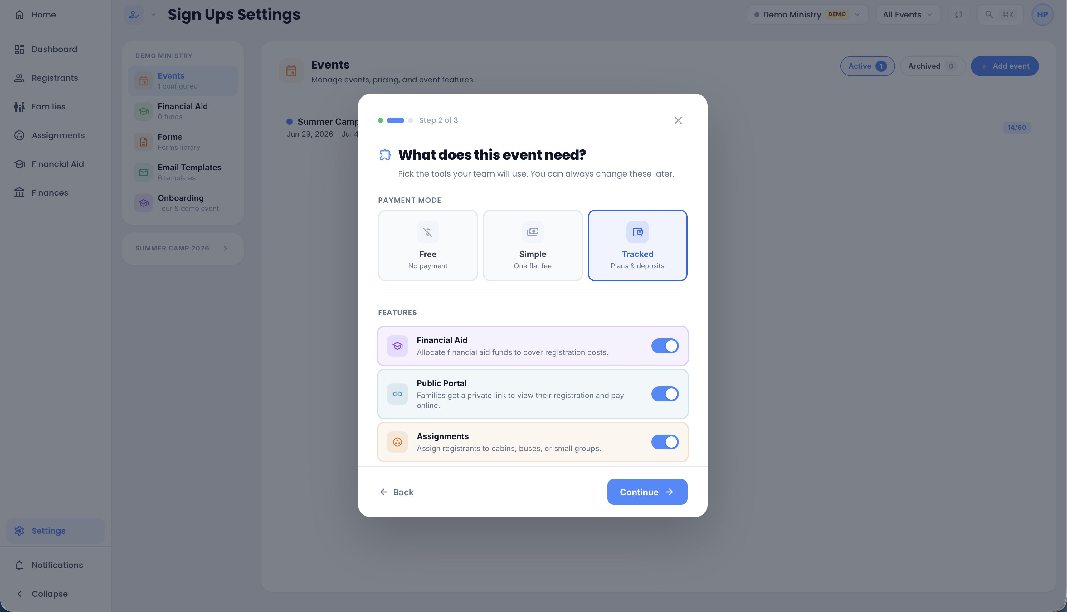 Event creation wizard, step 2: features