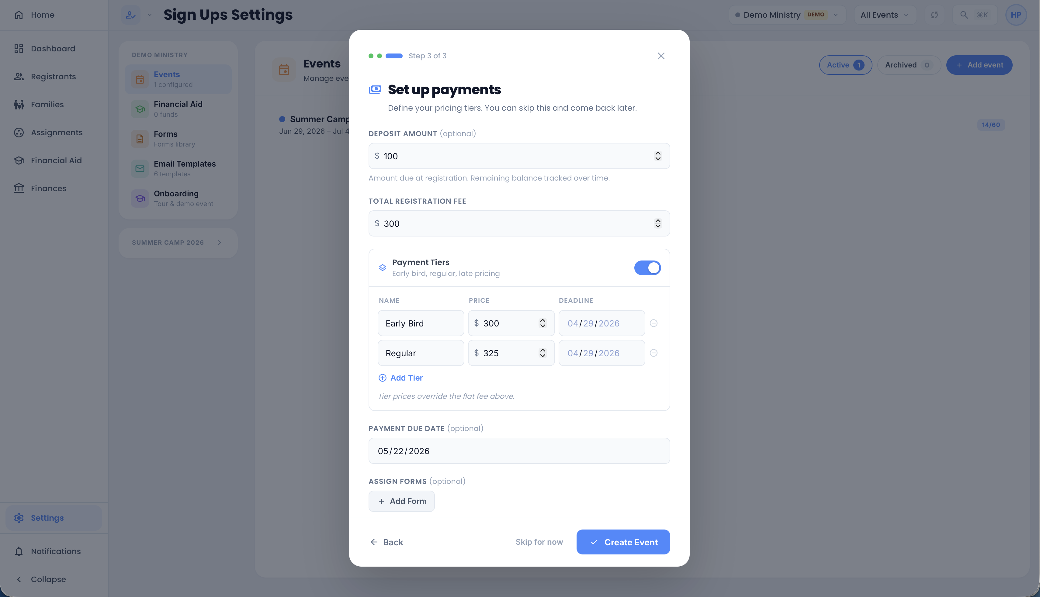 Event creation wizard, step 3: payments