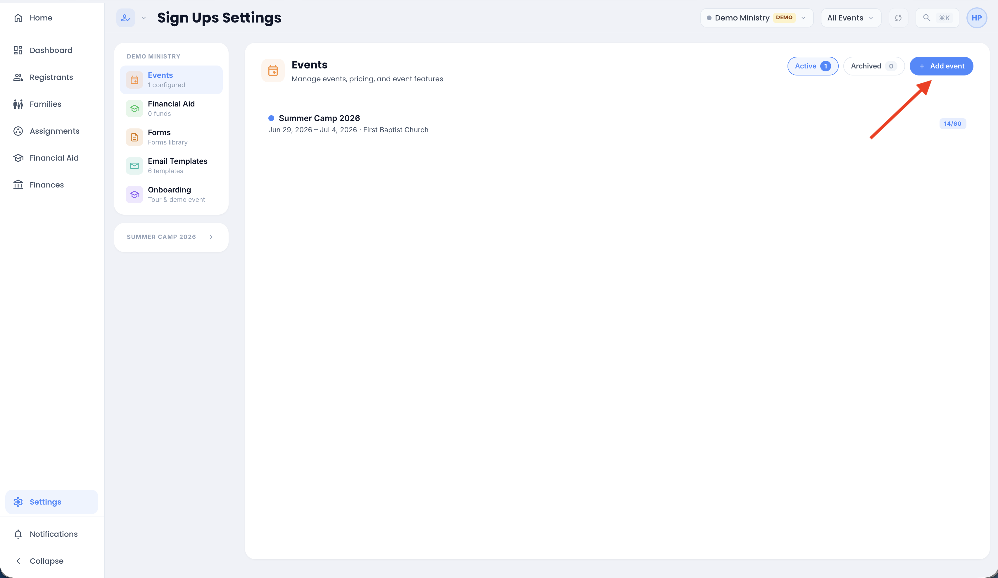Events list under Settings with the Add Event button