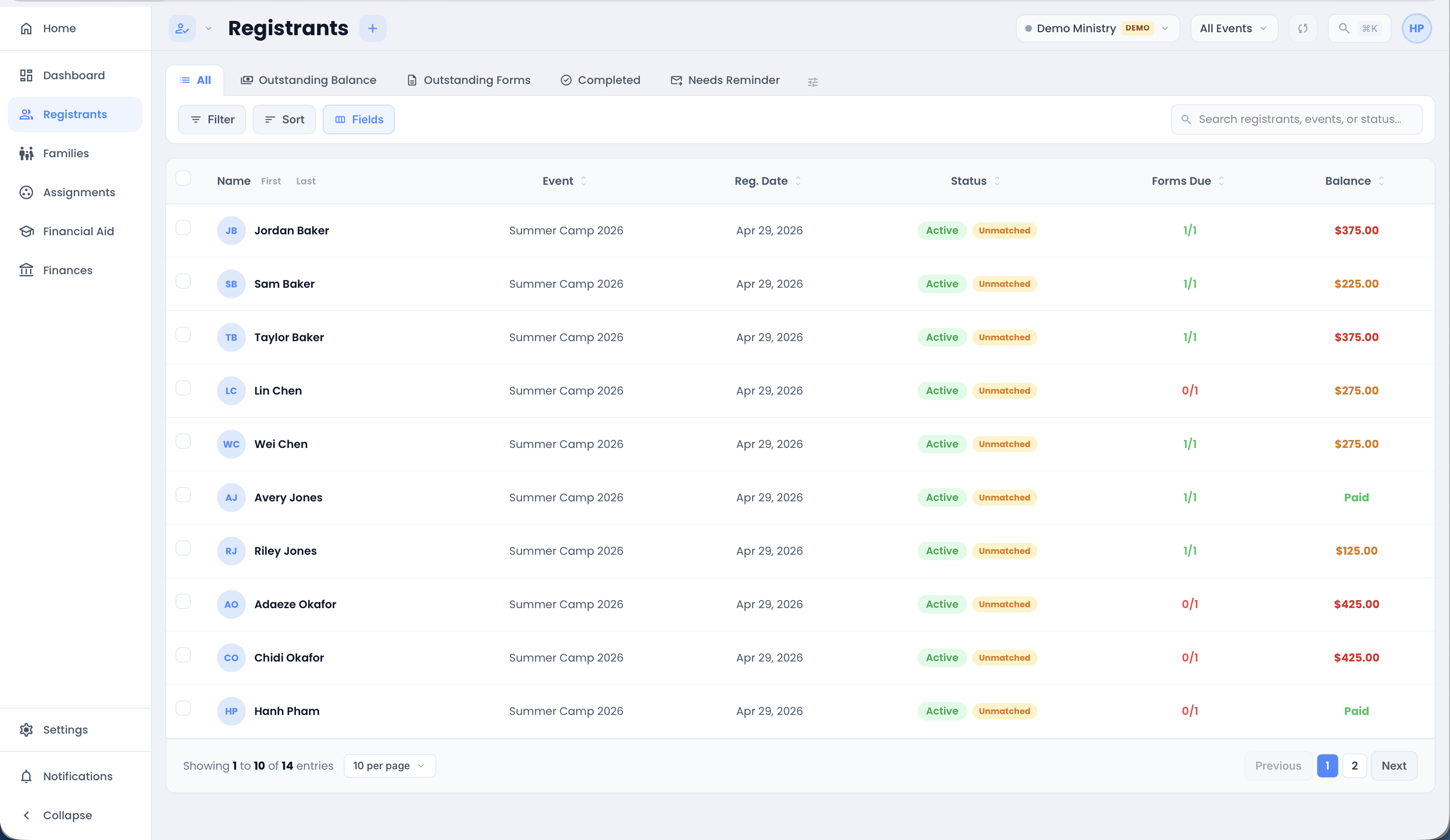 Registrants page with populated roster, search, and filters